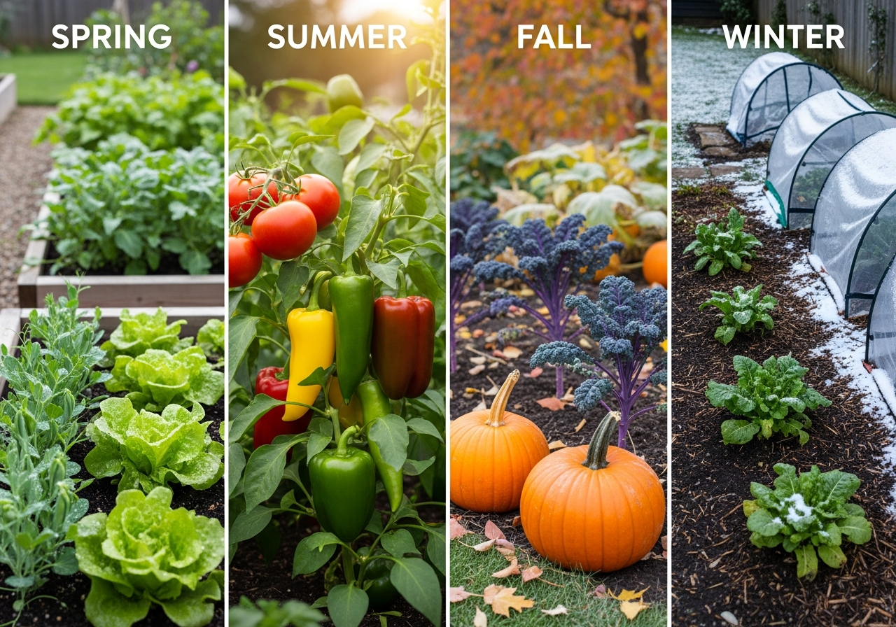 Seasonal growing guide showing spring, summer, fall and winter