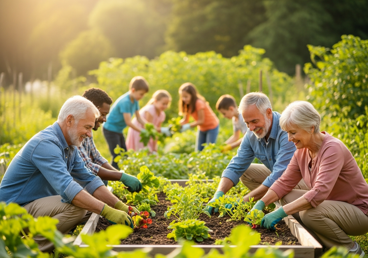 Diverse group of people working together in community garden