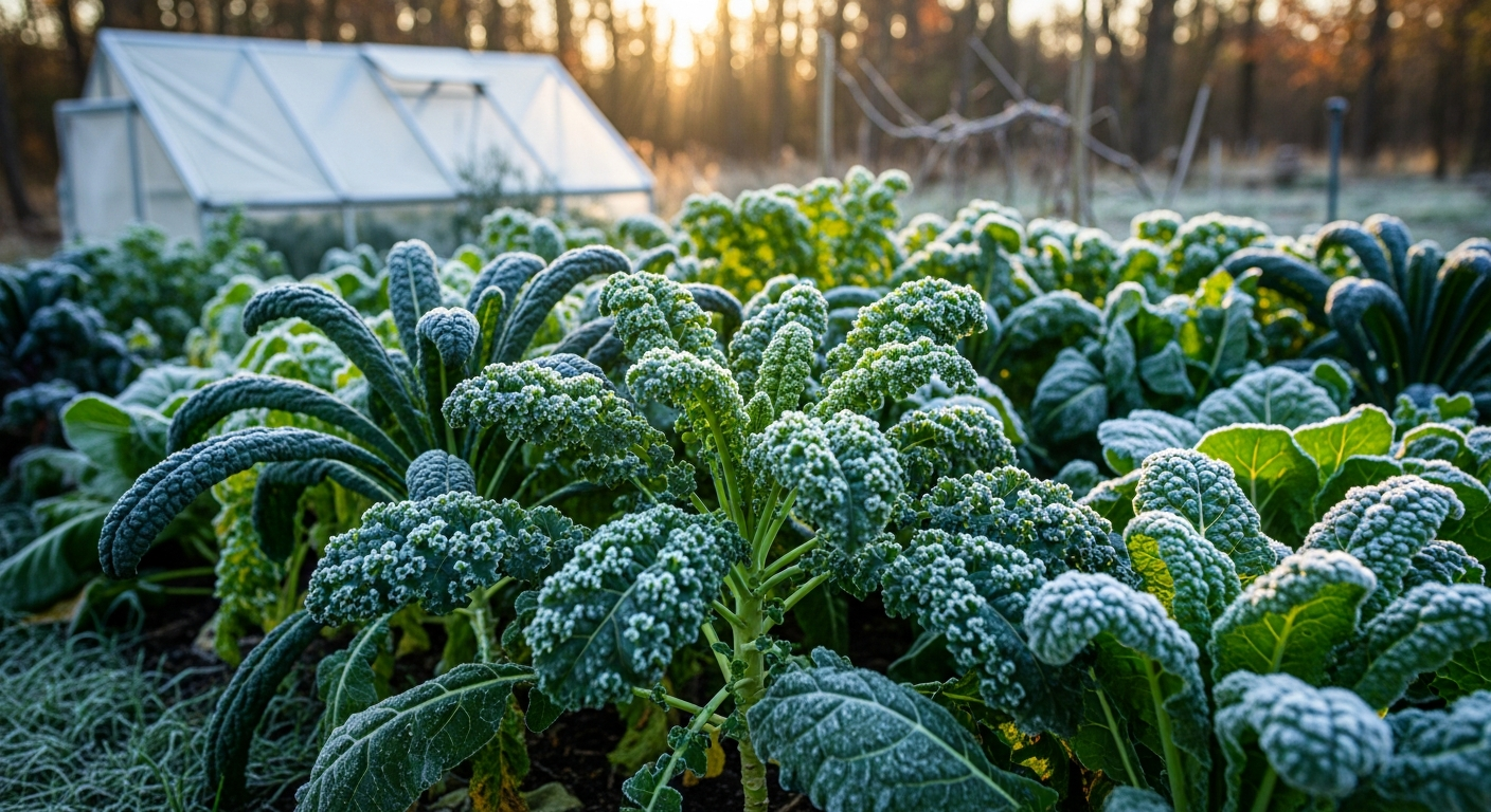 Beautiful fall garden with kale and greens covered in morning frost