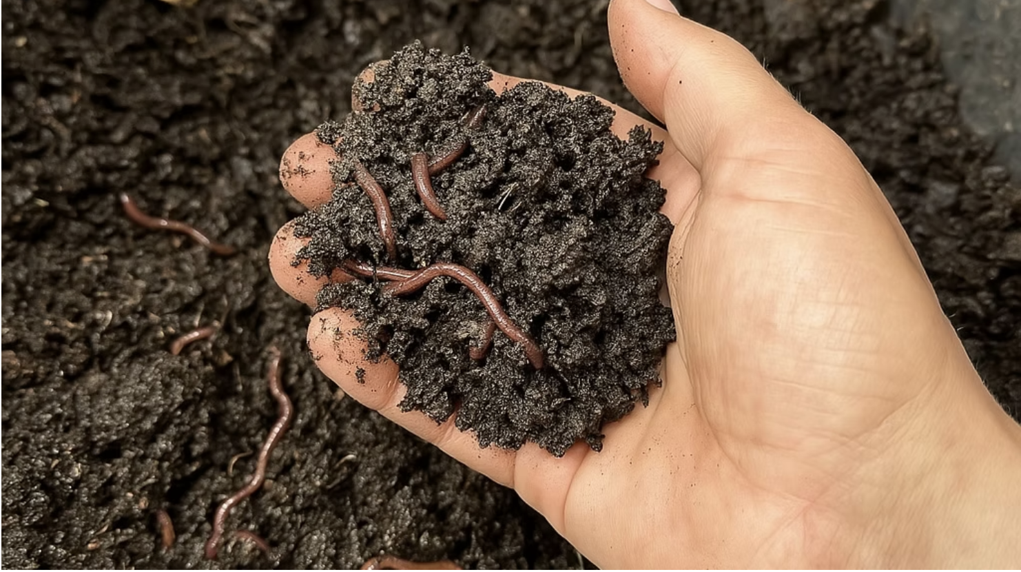 Hand holding dark worm castings with visible worms