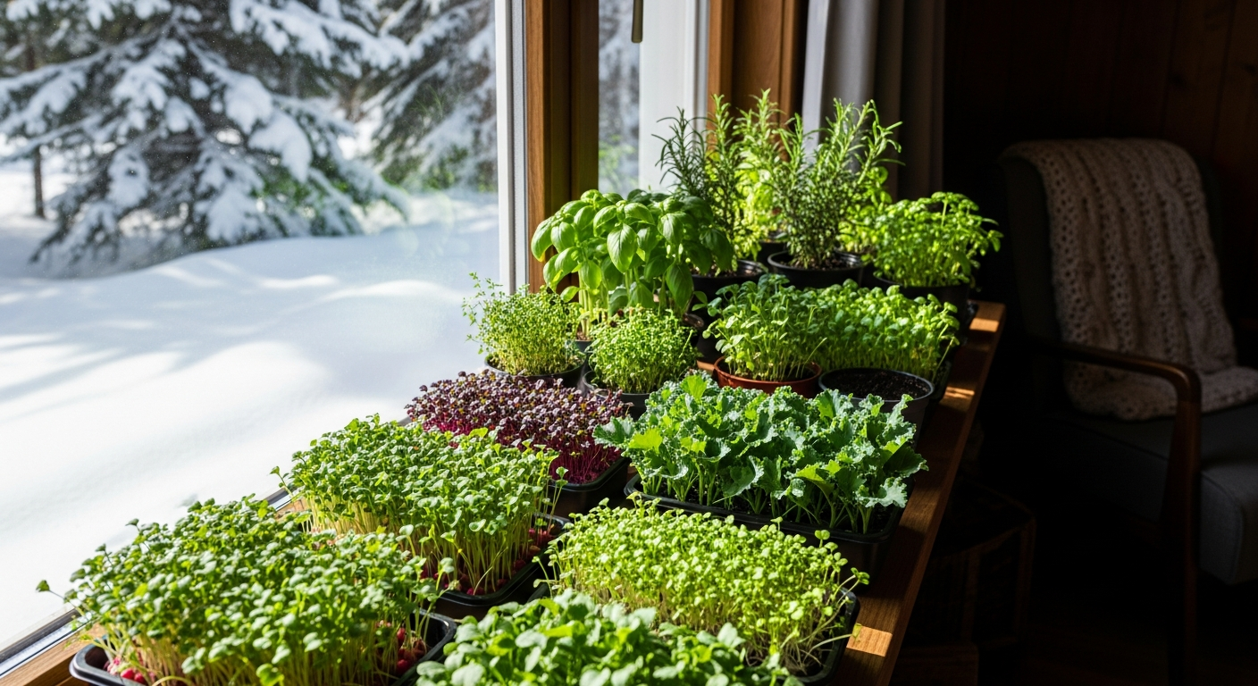 Indoor windowsill garden with microgreens and herbs during winter