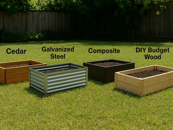 Four raised garden beds in a backyard labeled Cedar, Galvanized Steel, Composite, and DIY Budget Wood