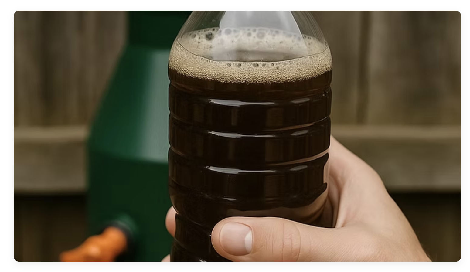 Hand holding bottle of dark worm compost tea