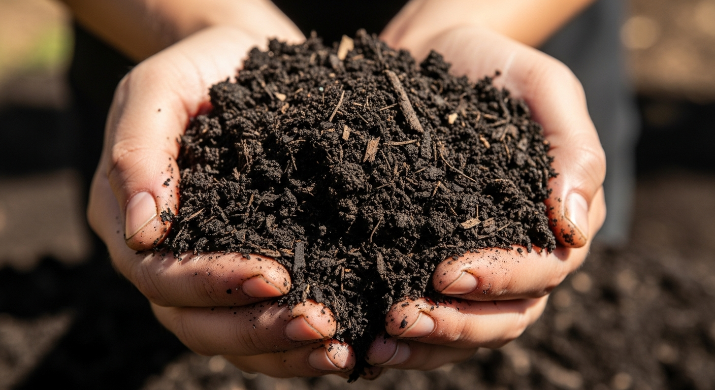 Hands holding rich dark compost